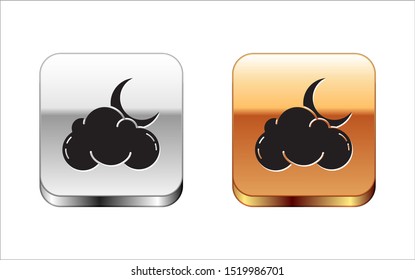 Black Cloud with moon and stars icon isolated on white background. Cloudy night sign. Sleep dreams symbol. Night or bed time sign. Silver-gold square button. Vector Illustration