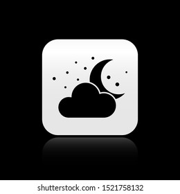 Black Cloud with moon and stars icon isolated on black background. Cloudy night sign. Sleep dreams symbol. Night or bed time sign. Silver square button. Vector Illustration