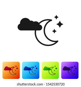 Black Cloud with moon and stars icon isolated on white background. Cloudy night sign. Sleep dreams symbol. Night or bed time sign. Set icons in color square buttons. Vector Illustration