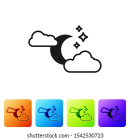 Black Cloud with moon and stars icon isolated on white background. Cloudy night sign. Sleep dreams symbol. Night or bed time sign. Set icons in color square buttons. Vector Illustration
