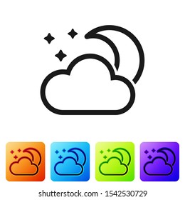 Black Cloud with moon and stars icon isolated on white background. Cloudy night sign. Sleep dreams symbol. Night or bed time sign. Set icons in color square buttons. Vector Illustration
