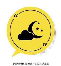 Black Cloud with moon and stars icon isolated on white background. Cloudy night sign. Sleep dreams symbol. Night or bed time sign. Yellow speech bubble symbol. Vector Illustration