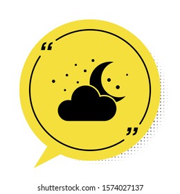 Black Cloud with moon and stars icon isolated on white background. Cloudy night sign. Sleep dreams symbol. Night or bed time sign. Yellow speech bubble symbol. Vector Illustration