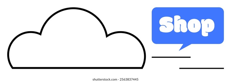 Black cloud outline with a blue speech bubble containing the word Shop in white text. Ideal for e-commerce, cloud storage, online stores, digital marketing, web hosting. Minimalist and modern style