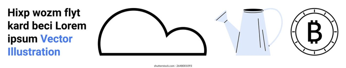 Black cloud outline, blue watering can, and black Bitcoin coin symbol alongside placeholder text. Ideal for weather, gardening, cryptocurrency, placeholder design, simplicity, vector art, modern web
