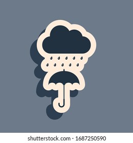 Black Cloud with rain drop on umbrella icon isolated on grey background. Long shadow style. Vector Illustration