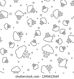 Black Cloud with rain icon isolated seamless pattern on white background. Rain cloud precipitation with rain drops. Vector Illustration