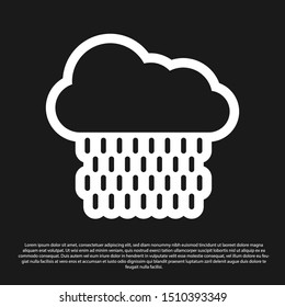 Black Cloud with rain icon isolated on black background. Rain cloud precipitation with rain drops.  Vector Illustration