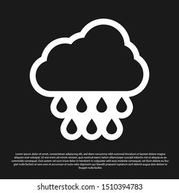 Black Cloud with rain icon isolated on black background. Rain cloud precipitation with rain drops.  Vector Illustration
