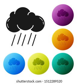 Black Cloud with rain icon isolated on white background. Rain cloud precipitation with rain drops. Set icons colorful circle buttons. Vector Illustration