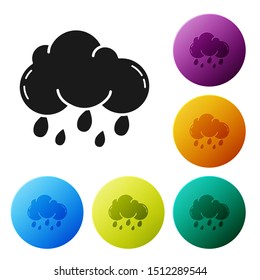 Black Cloud with rain icon isolated on white background. Rain cloud precipitation with rain drops. Set icons colorful circle buttons. Vector Illustration