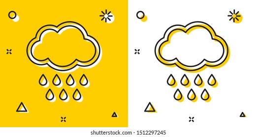 Black Cloud with rain icon isolated on yellow and white background. Rain cloud precipitation with rain drops. Random dynamic shapes. Vector Illustration