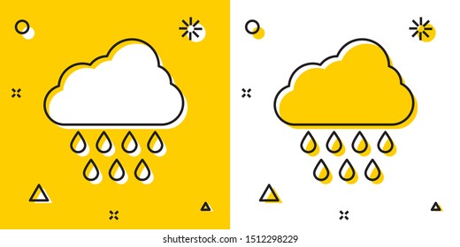 Black Cloud with rain icon isolated on yellow and white background. Rain cloud precipitation with rain drops. Random dynamic shapes. Vector Illustration