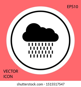 Black Cloud with rain icon isolated on red background. Rain cloud precipitation with rain drops. White circle button. Vector Illustration