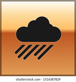 Black Cloud with rain icon isolated on gold background. Rain cloud precipitation with rain drops.  Vector Illustration