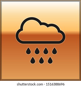 Black Cloud with rain icon isolated on gold background. Rain cloud precipitation with rain drops.  Vector Illustration