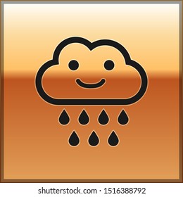 Black Cloud with rain icon isolated on gold background. Rain cloud precipitation with rain drops.  Vector Illustration