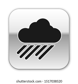 Black Cloud with rain icon isolated on white background. Rain cloud precipitation with rain drops. Silver square button. Vector Illustration