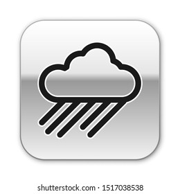 Black Cloud with rain icon isolated on white background. Rain cloud precipitation with rain drops. Silver square button. Vector Illustration
