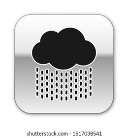 Black Cloud with rain icon isolated on white background. Rain cloud precipitation with rain drops. Silver square button. Vector Illustration
