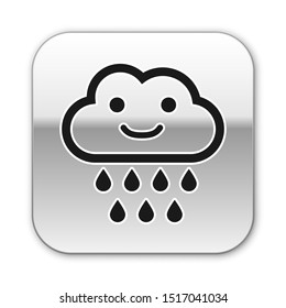 Black Cloud with rain icon isolated on white background. Rain cloud precipitation with rain drops. Silver square button. Vector Illustration