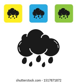 Black Cloud with rain icon isolated on white background. Rain cloud precipitation with rain drops. Set icons colorful square buttons. Vector Illustration
