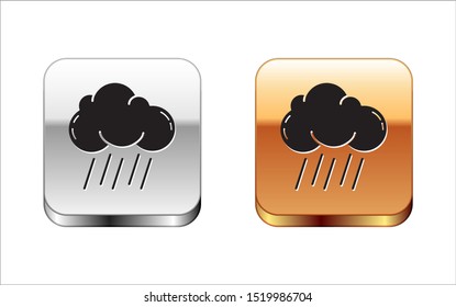 Black Cloud with rain icon isolated on white background. Rain cloud precipitation with rain drops. Silver-gold square button. Vector Illustration