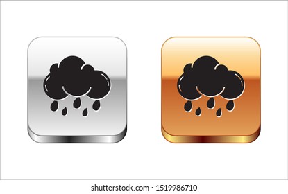 Black Cloud with rain icon isolated on white background. Rain cloud precipitation with rain drops. Silver-gold square button. Vector Illustration