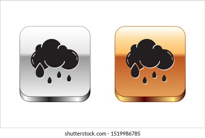 Black Cloud with rain icon isolated on white background. Rain cloud precipitation with rain drops. Silver-gold square button. Vector Illustration