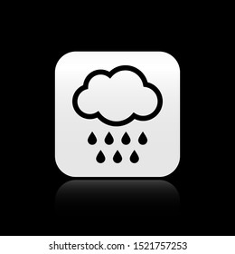 Black Cloud with rain icon isolated on black background. Rain cloud precipitation with rain drops. Silver square button. Vector Illustration