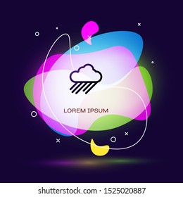 Black Cloud with rain icon isolated on dark blue background. Rain cloud precipitation with rain drops. Abstract banner with liquid shapes. Vector Illustration