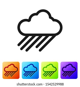 Black Cloud with rain icon isolated on white background. Rain cloud precipitation with rain drops. Set icons in color square buttons. Vector Illustration