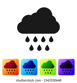 Black Cloud with rain icon isolated on white background. Rain cloud precipitation with rain drops. Set icons in color square buttons. Vector Illustration