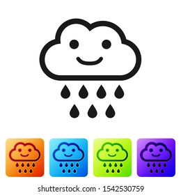 Black Cloud with rain icon isolated on white background. Rain cloud precipitation with rain drops. Set icons in color square buttons. Vector Illustration