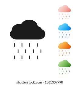 Black Cloud with rain icon isolated on white background. Rain cloud precipitation with rain drops. Set icons colorful. Vector Illustration