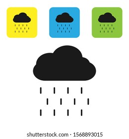 Black Cloud with rain icon isolated on white background. Rain cloud precipitation with rain drops. Set icons colorful square buttons. Vector Illustration