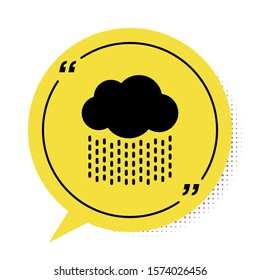 Black Cloud with rain icon isolated on white background. Rain cloud precipitation with rain drops. Yellow speech bubble symbol. Vector Illustration