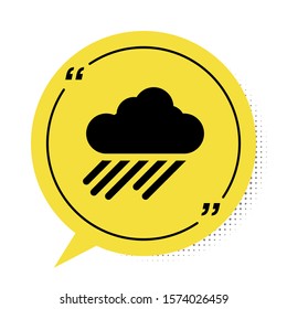 Black Cloud with rain icon isolated on white background. Rain cloud precipitation with rain drops. Yellow speech bubble symbol. Vector Illustration