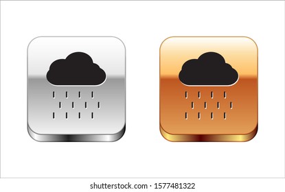 Black Cloud with rain icon isolated on white background. Rain cloud precipitation with rain drops. Silver-gold square button. Vector Illustration