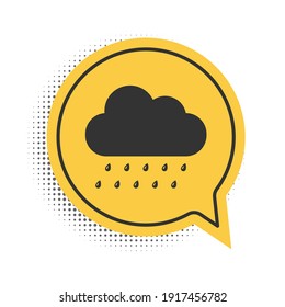 Nube Negra con icono de lluvia aislado en fondo blanco. precipitación de nubes de nimbus con caídas de lluvia. Símbolo amarillo de burbuja de habla. Vector.