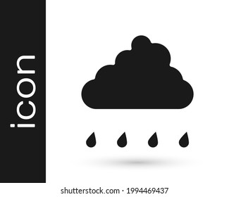 Black Cloud with rain icon isolated on white background. Rain cloud precipitation with rain drops.  Vector