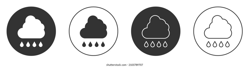 Black Cloud with rain icon isolated on white background. Rain cloud precipitation with rain drops. Circle button. Vector