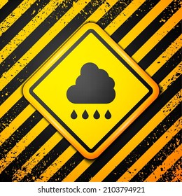 Black Cloud with rain icon isolated on yellow background. Rain cloud precipitation with rain drops. Warning sign. Vector