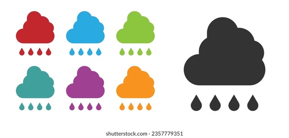 Black Cloud with rain icon isolated on white background. Rain cloud precipitation with rain drops. Set icons colorful. Vector