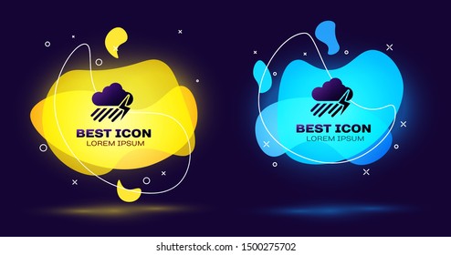 Black Cloud with rain and lightning icon isolated on dark blue background. Rain cloud precipitation with rain drops.Weather icon of storm. Set abstract banner with liquid shapes. Vector Illustration