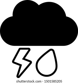 Black Cloud with rain and lightning icon isolated on white background. Rain cloud precipitation with rain drops.Weather icon of storm.  Vector Illustration