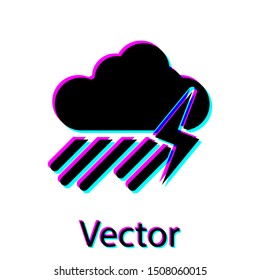 Black Cloud with rain and lightning icon isolated on white background. Rain cloud precipitation with rain drops.Weather icon of storm.  Vector Illustration
