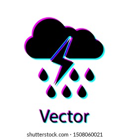 Black Cloud with rain and lightning icon isolated on white background. Rain cloud precipitation with rain drops.Weather icon of storm.  Vector Illustration