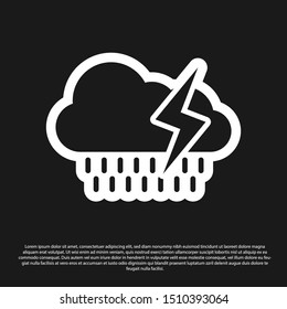 Black Cloud with rain and lightning icon isolated on black background. Rain cloud precipitation with rain drops.Weather icon of storm.  Vector Illustration