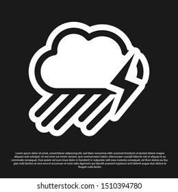Black Cloud with rain and lightning icon isolated on black background. Rain cloud precipitation with rain drops.Weather icon of storm.  Vector Illustration